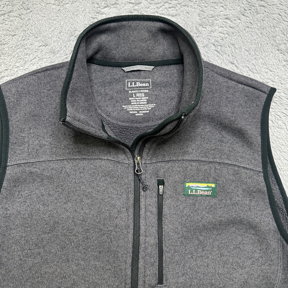 LL Bean Vest Mens L Gray Fleece Heather Full Zip Pocket Sleeveless